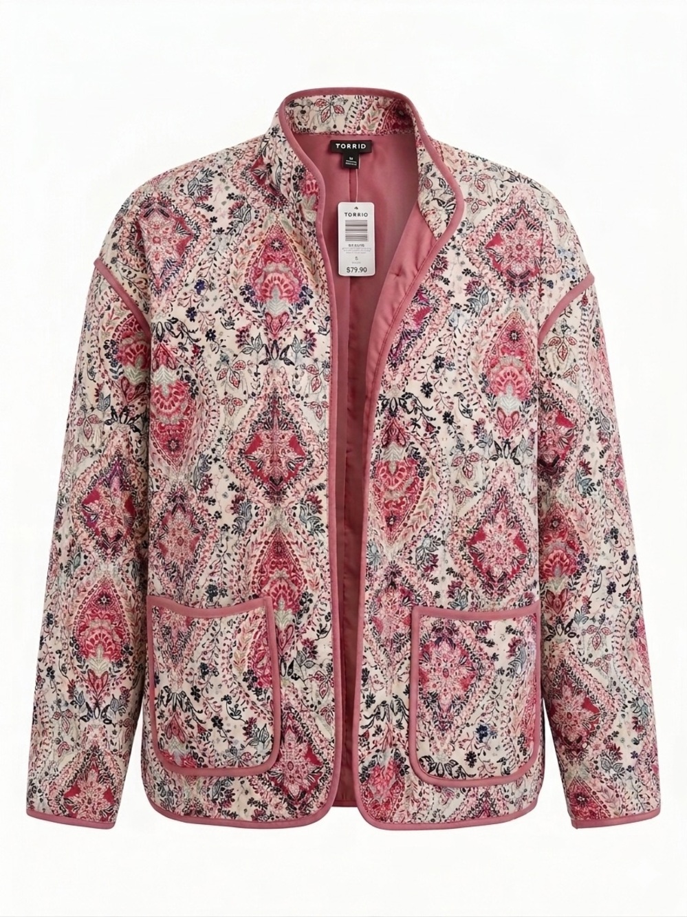 NWT Torrid Quilted Pink Floral Paisley Boho Chic Open Front Jacket Pockets 2XL